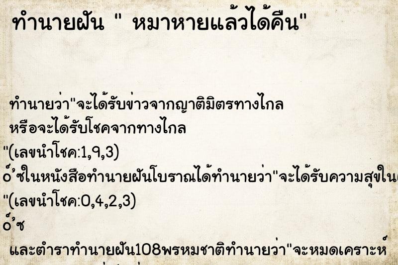 ทำนายฝันหมาหายแล้วได้คืน ทำนายฝันทำนายฝันหมาหายแล้วได้คืน